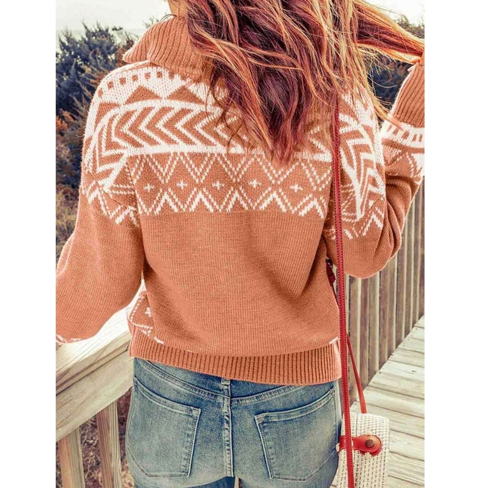 Nordic White Print on Coral Pink Thick Knit Pullover Sweater Zip Collar - Picture 3 of 8